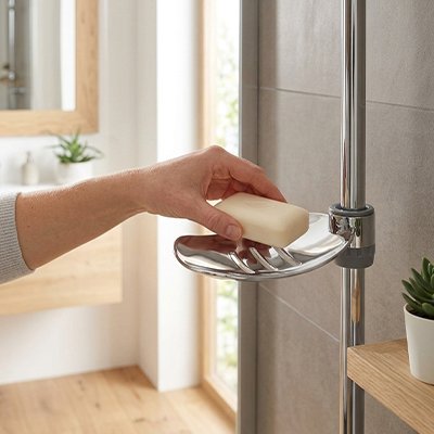 Porte savon douche qui s'adapte aux barres de douche standards 