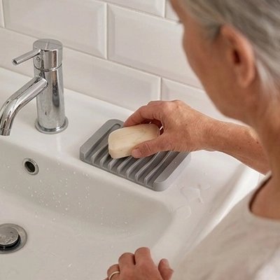 Porte-savon drainant près du lavabo de salle de bain