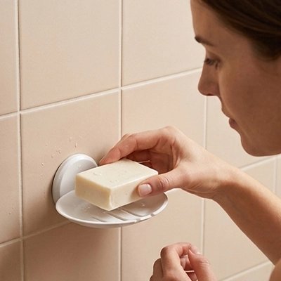 Porte-savon mural adhésif avec grille d'égouttage pour un savon sec