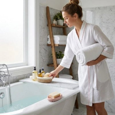Porte-savon pratique posé sur le rebord d'une baignoire moderne 