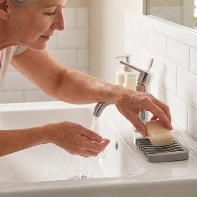 Porte-savon rectangulaire avec rainures de drainage près du lavabo
