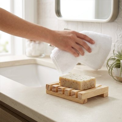 Porte-savon s'intègrant facilement sur le rebord du lavabo