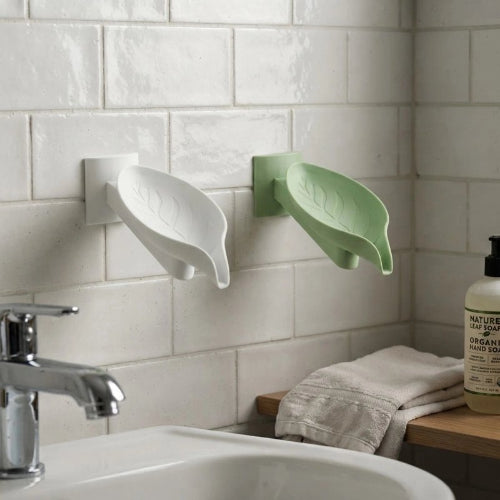 Porte-savons muraux blanc et vert en forme de feuille