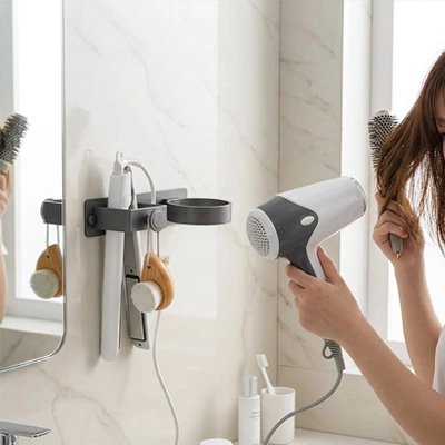 Porte sèche-cheveux mural avec rangement pratique pour accessoires