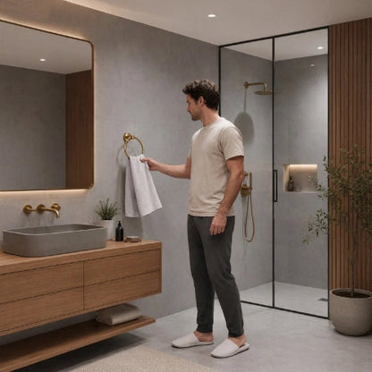 Porte-serviette anneau doré près du lavabo dans une salle de bain