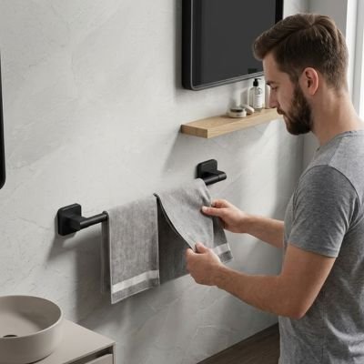 Porte serviette mural noir lignes épurées et forme géométrique simple