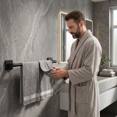 Porte serviette mural noir permettant de suspendre une grande serviette