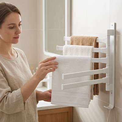 Porte-serviettes mural blanc pivotant avec plusieurs barres rabattables