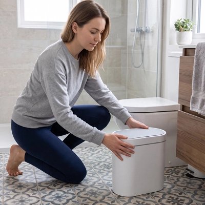 Poubelle de salle de bain blanche au design compact