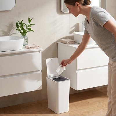 Poubelle salle de bain étroite optimisant l'espace au sol