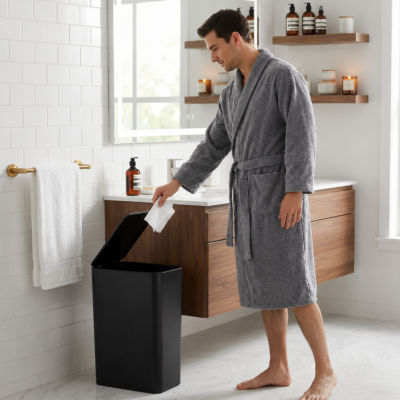 poubelle-salle-de-bain-noir-en-plastique-prêt-du-comptoir
