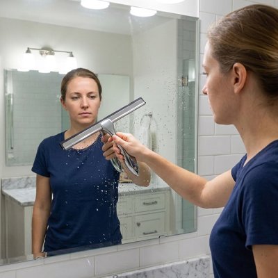 Raclette de douche en silicone utilisée sur une paroi vitrée 