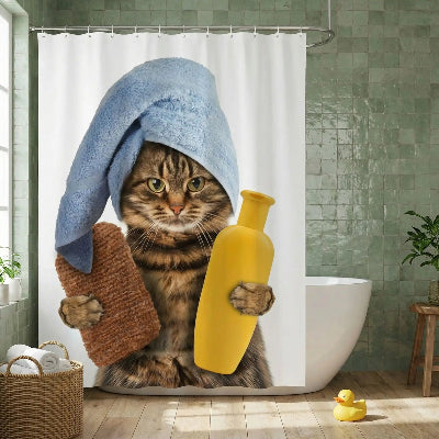 rideau-de-douche-blanc-avec-un-chat-sur-mur-vert