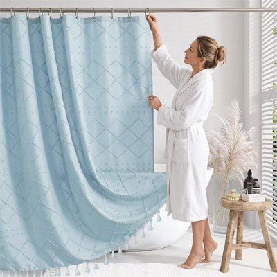 Rideau de douche bleu aspect haut de gamme type spa