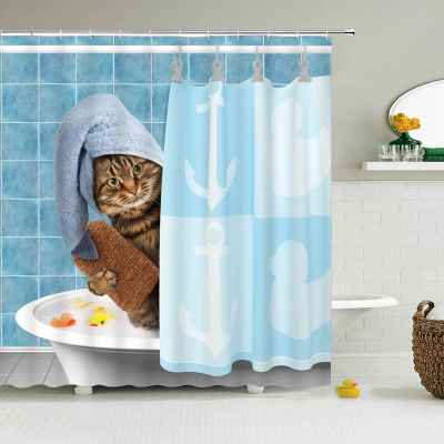 rideau-de-douche-bleu-avec-un-chat