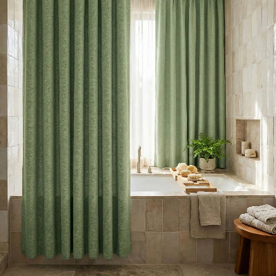 rideau de douche en tissu vert imitation lin