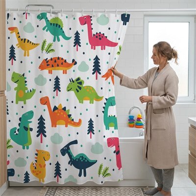 Rideau de douche enfantine avec dinosaure multicolore 