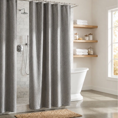 rideau de douche gris devant une baignoire