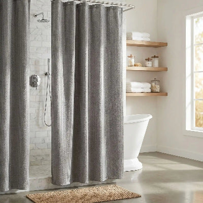 rideau de douche gris devant une baignoire