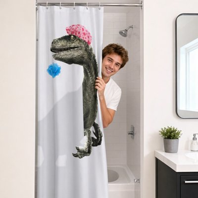 Rideau de douche humoristique avec dinosaure réaliste sous la douche