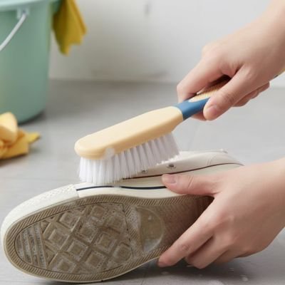 Rinçage d’une brosse de nettoyage à poils blancs sous le robinet