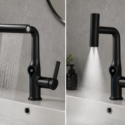 Robinet de salle de bain noir mat avec affichage numérique
