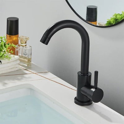  Robinet lavabo noir mat avec bec haut courbé sur meuble
