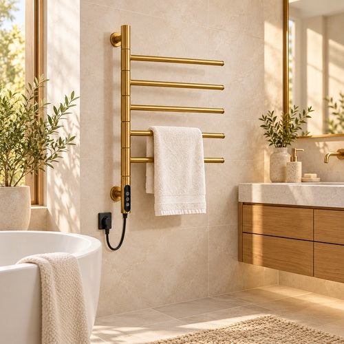 Sèche-serviettes doré près d’une baignoire dans une salle de bain 