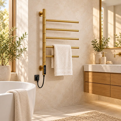 Sèche-serviettes doré près d’une baignoire dans une salle de bain 
