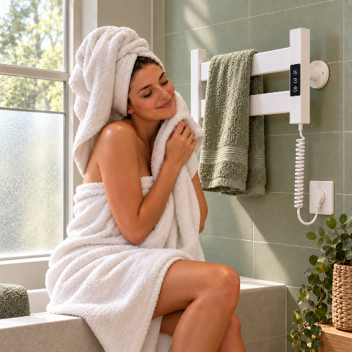 sèche-serviettes électrique blanc, dans une salle de bain vert