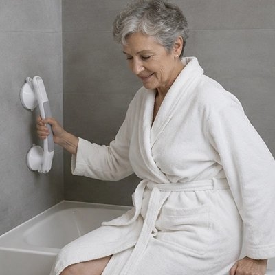 Senior utilisant une barre d'appui à ventouses améliorerant la stabilité