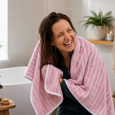 Serviette de bain design élégant avec rayures qui reste moderne 