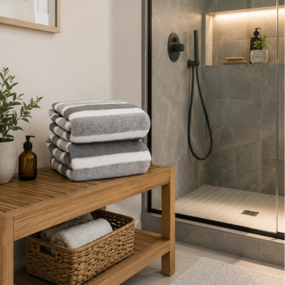 Serviette de bain rayée pour la sortie de la douche
