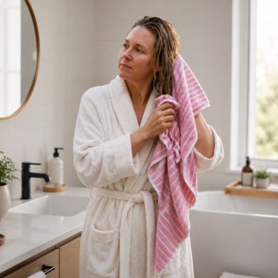 Serviette de bain rose idéal pour la sortie de douche 
