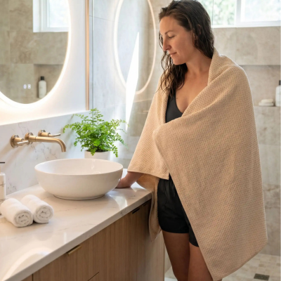 Serviette de bain tissu en nid d'abeille favorisant le séchage 