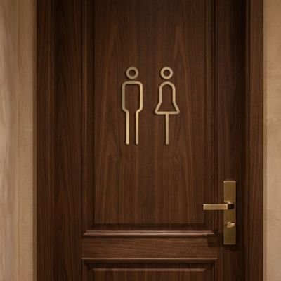 Signalétique de toilettes homme femme sur porte en bois foncé
