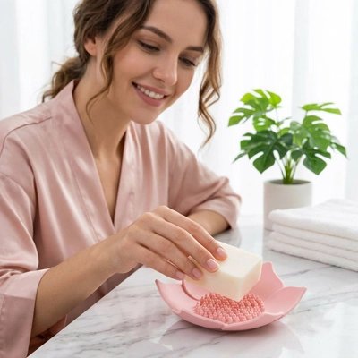 Support à savon fleur rose posé sur un lavabo
