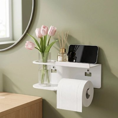 Support de papier toilette blanc avec plateau de rangement mural