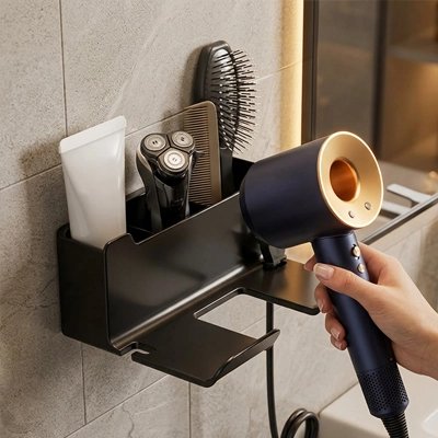 Support mural sèche-cheveux avec rangement pour accessoires de coiffure