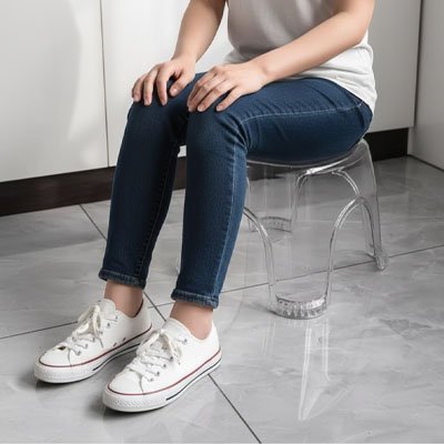 Tabouret ergonomique transparent facilitant l'accès au lavabo et aux rangements