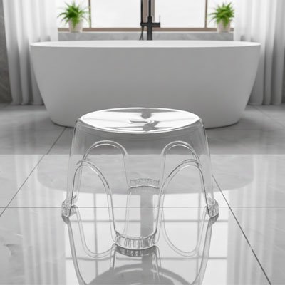 Tabouret transparent antidérapant pour salle de bain près d'une baignoire