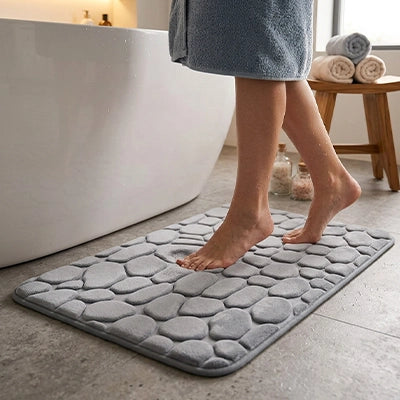 tapis de bain confortable offert en beige gris bleu