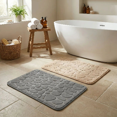 tapis de bain offert en beige gris bleu