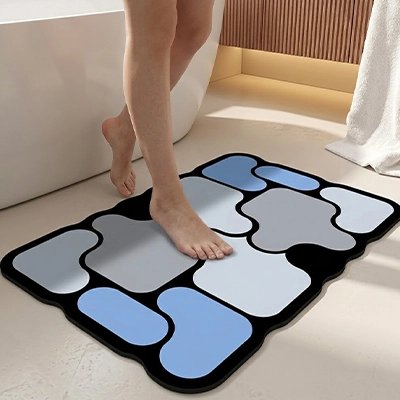Tapis de salle de bain géométrique antidérapant  bleu et blanc