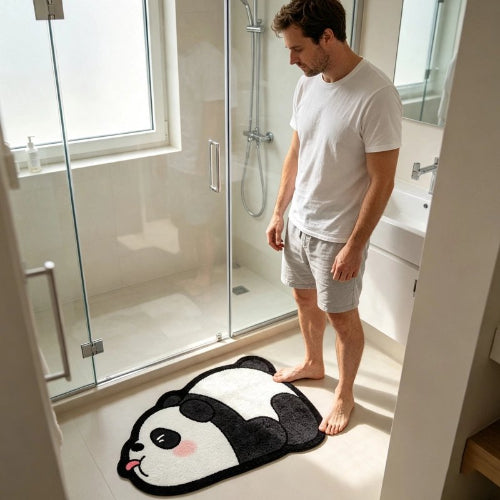 Tapis panda absorbant et antidérapant devant un lavabo
