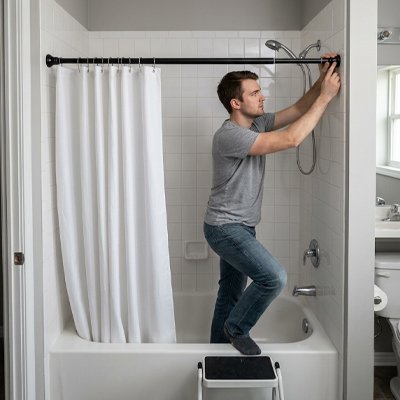 Tringle de douche crochets intégrés pour suspendre directement le rideau