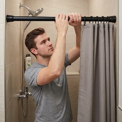 Tringle de douche fixation par tension entre deux murs permettant une pose rapide