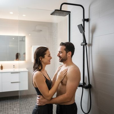 un couple d'amoureux sous la colonne de douche 