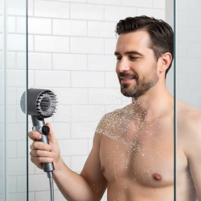 un homme prend sa douche avec le pommeau de douche