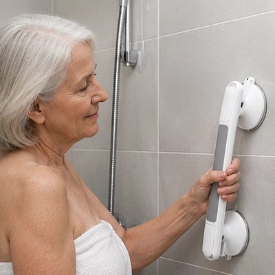 Une dame utilisant une barre d'appui blanche à ventouses